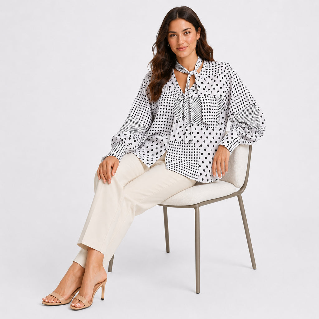 Women's White Polka Dot Tie-Neck Long Sleeve Blouse-2