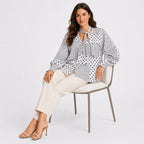 Women's White Polka Dot Tie-Neck Long Sleeve Blouse-2