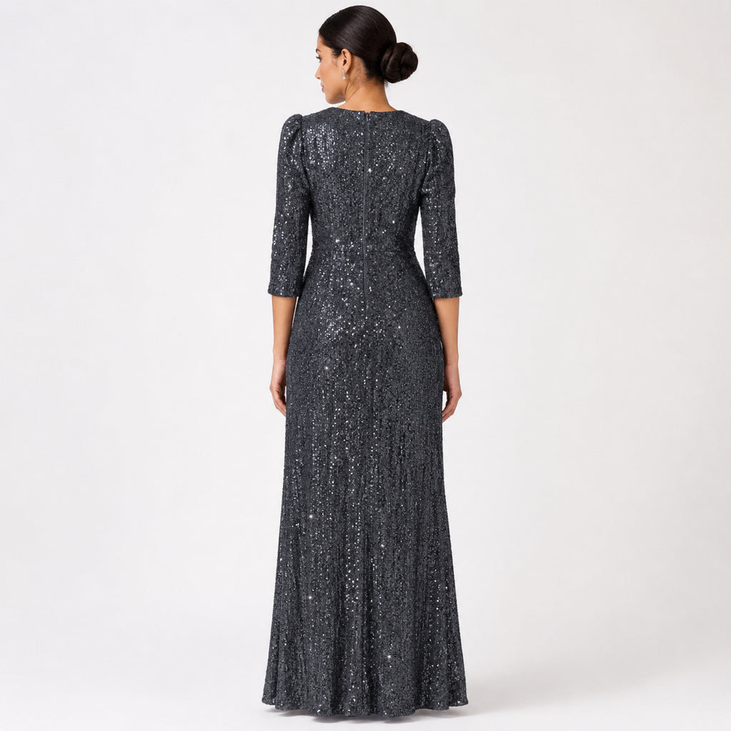 Women's Glamorous Sequined Navy Blue Mermaid Evening Gown-4