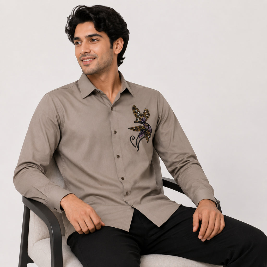 Men's Elegant Beige Embroidered Formal Shirt with Premium Artistic Motif-2