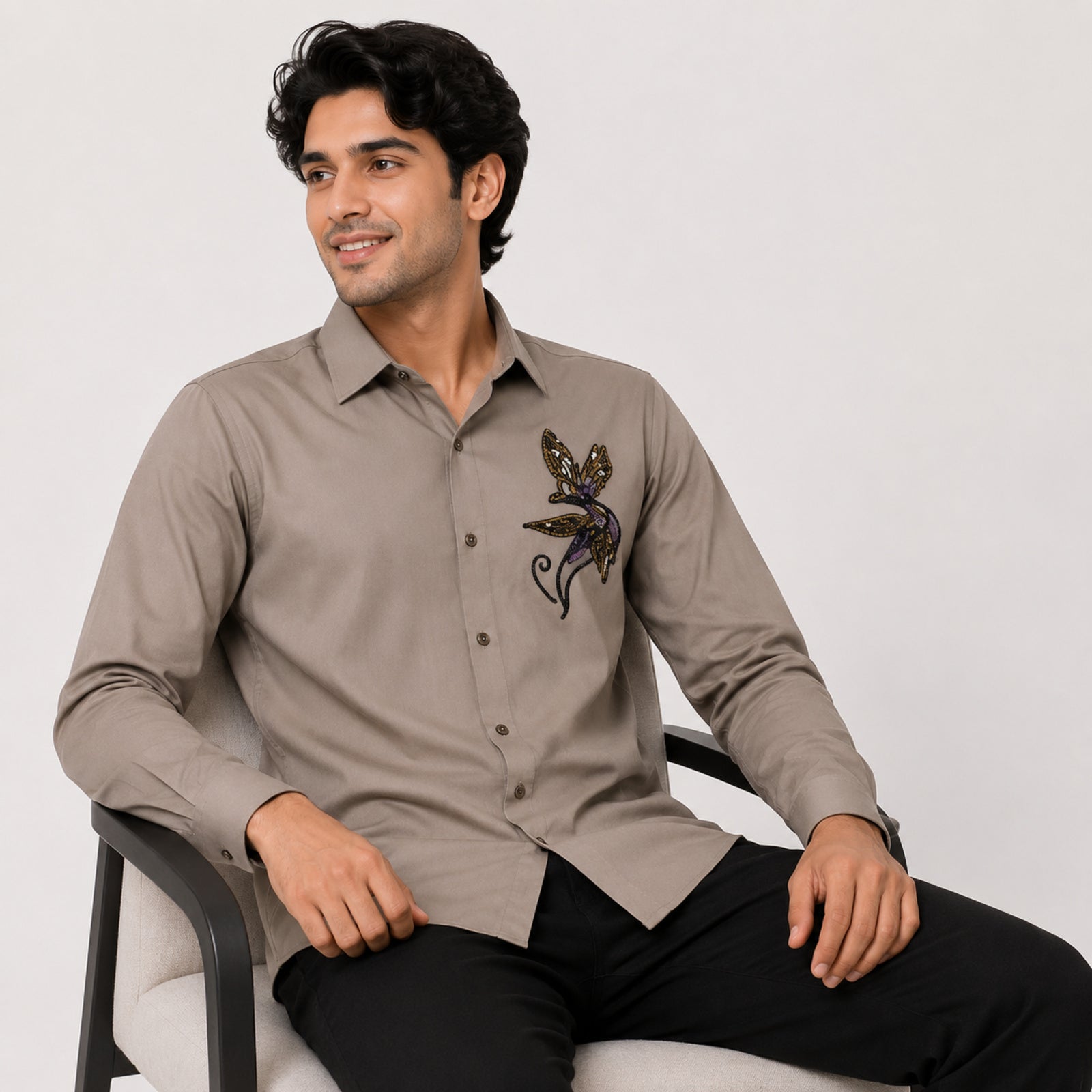 Men's Elegant Beige Embroidered Formal Shirt with Premium Artistic Motif-2