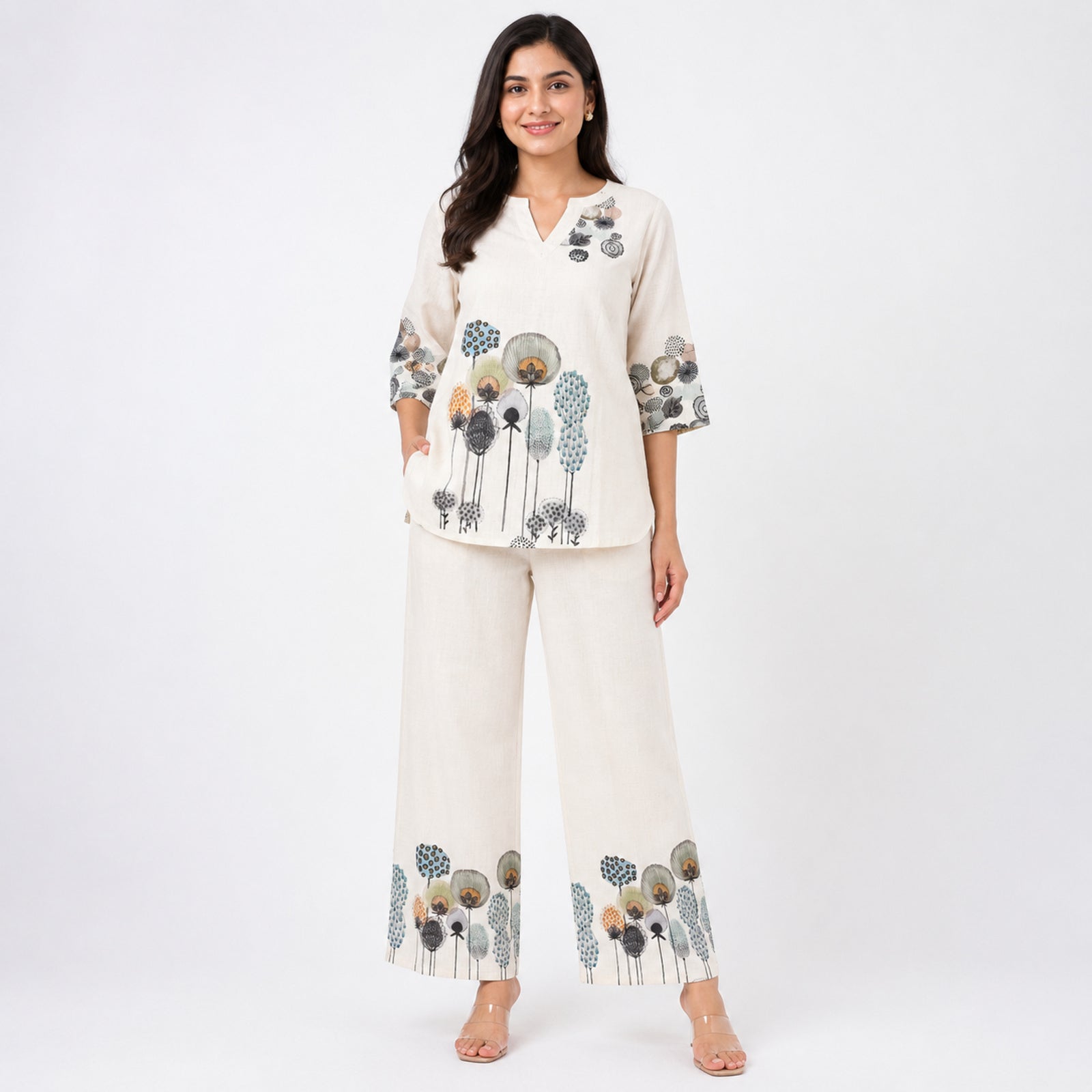 Women's Beige Printed Kurta Pant Co-Ord Set-4
