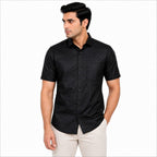 Men's Black Geo Dot Self-Pattern Half Sleeve Shirt | Sleek Casual Button-Up Shirt-1