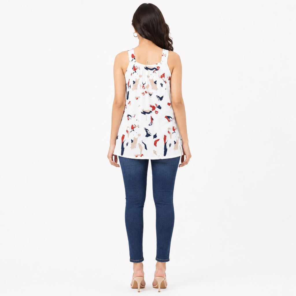Women's White Abstract Print Sleeveless Tie-Neck Top-4