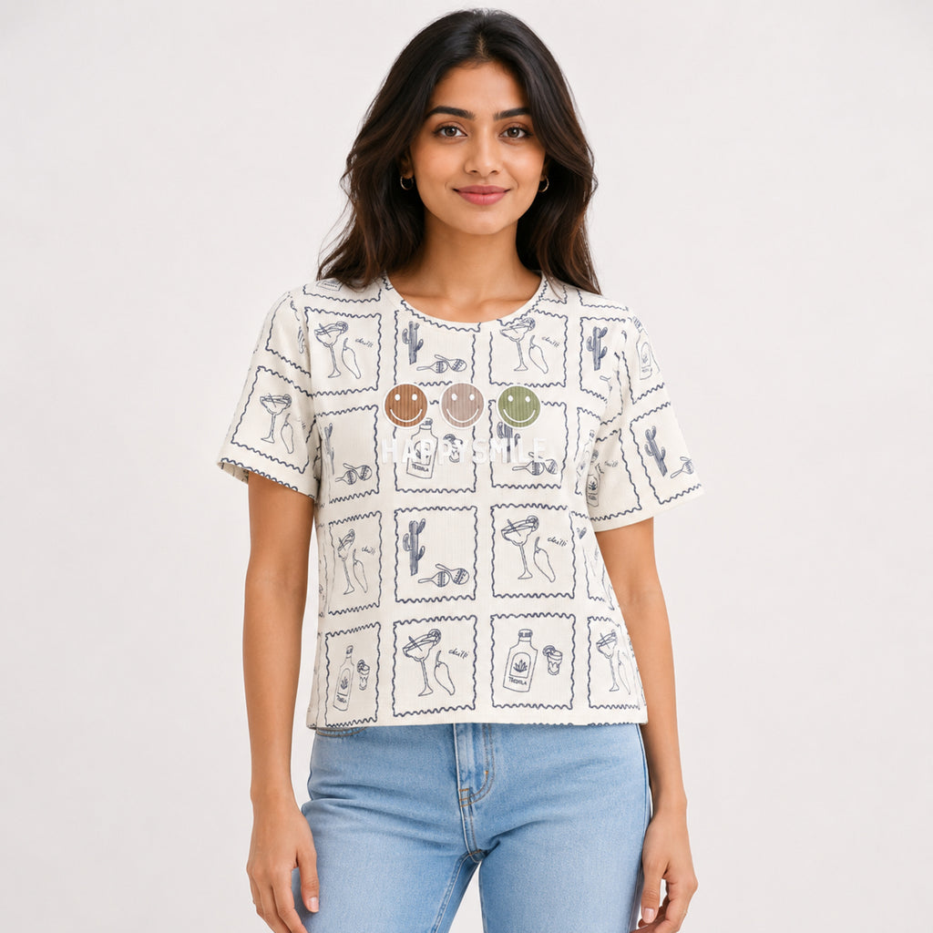 Women's Cream Graphic Printed Cotton Blend Casual T-Shirt | Trendy Smiley & Sketch Print Everyday Top-1
