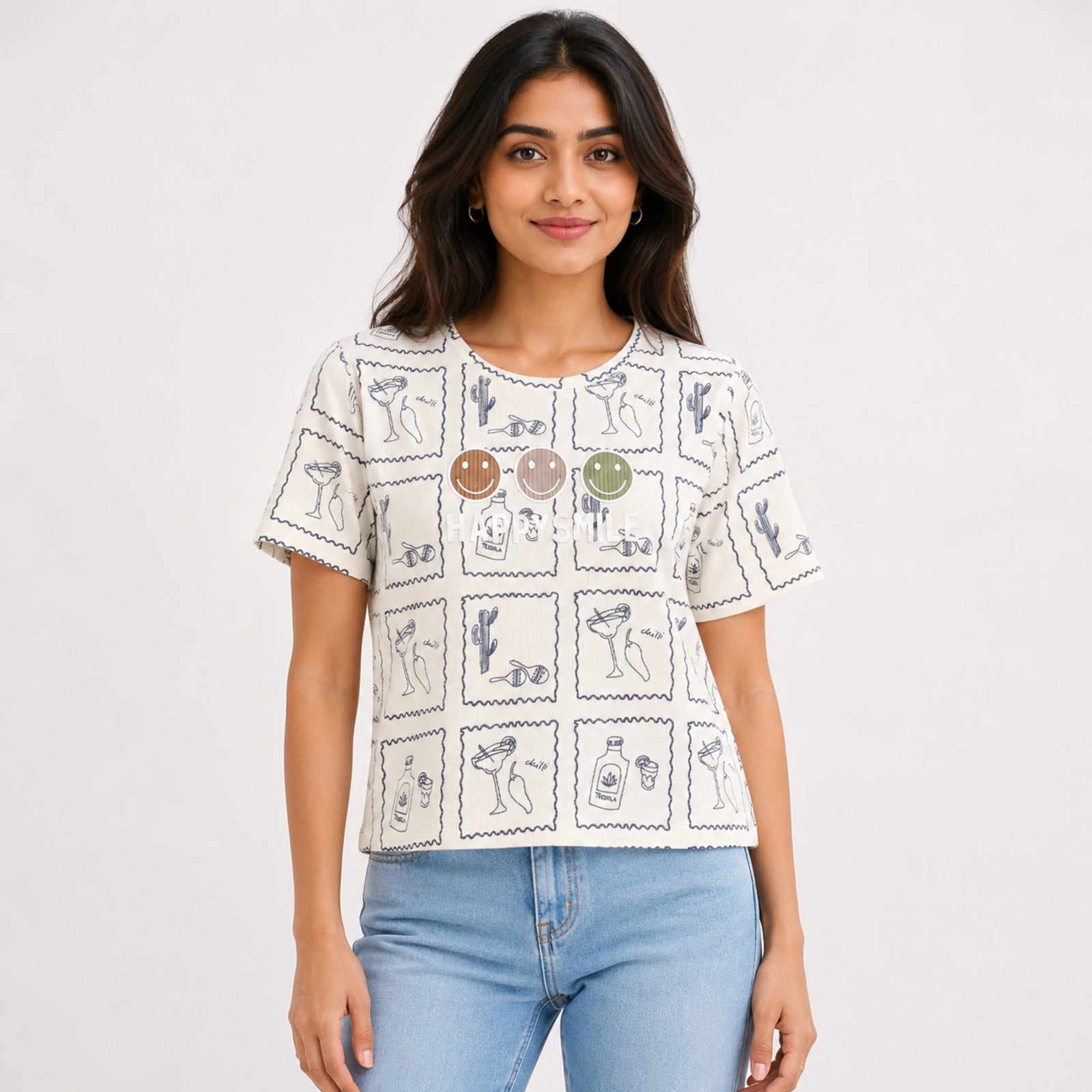 Women's Cream Graphic Printed Cotton Blend Casual T-Shirt | Trendy Smiley & Sketch Print Everyday Top-1
