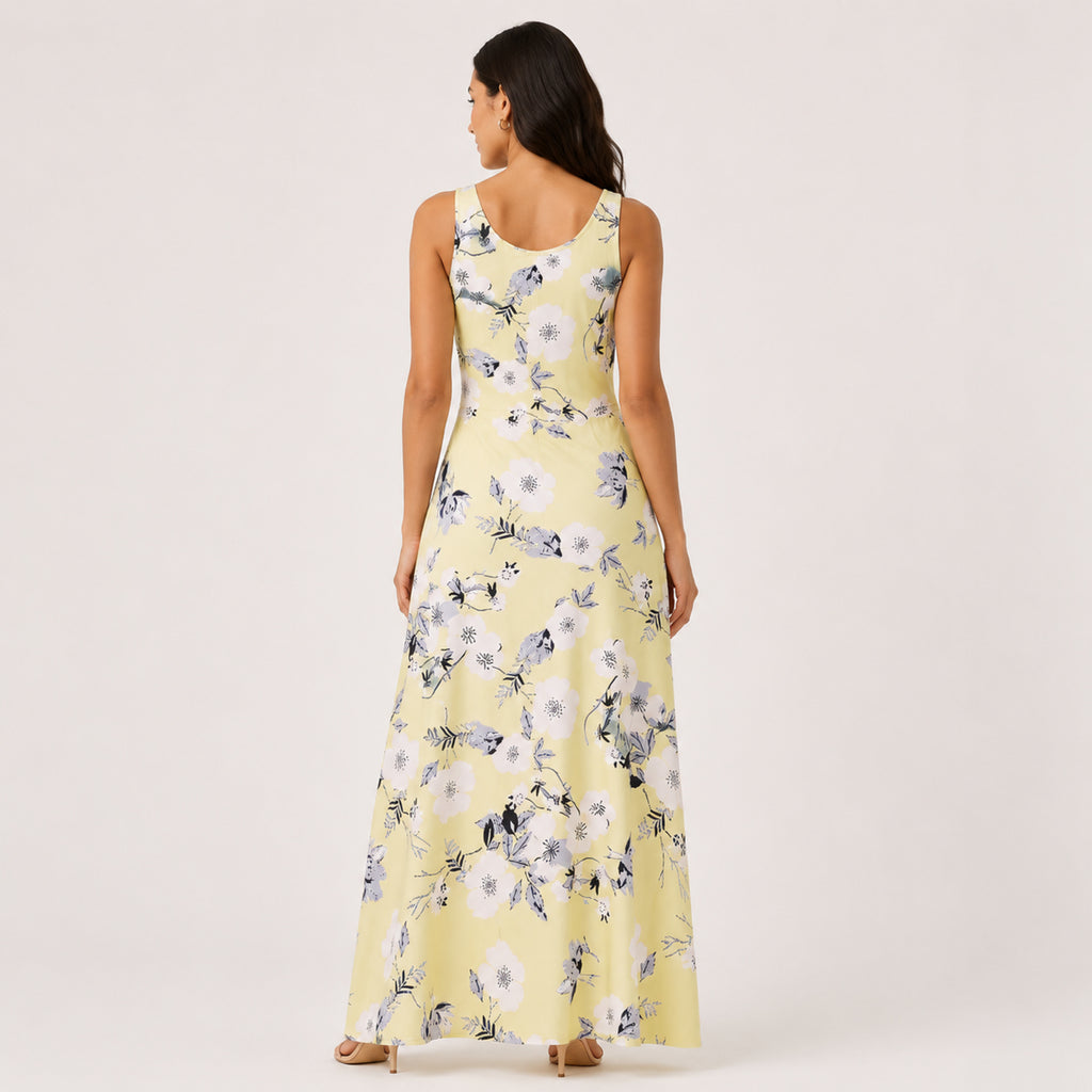 Women's Yellow Floral Printed Sleeveless Maxi Dress-4