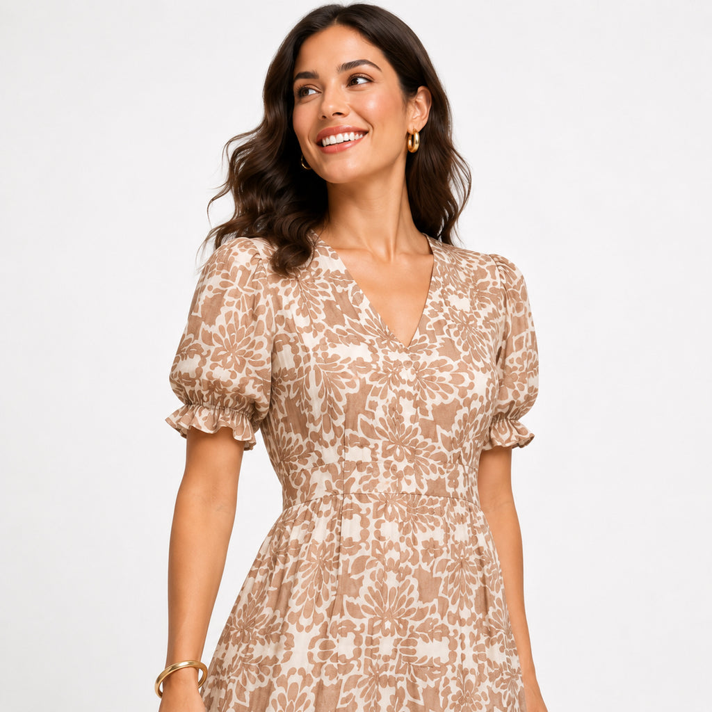 Women's Light Brown Floral V-Neck Puff Sleeve Tiered Maxi Dress | Flowy Elegant Day Dress-2