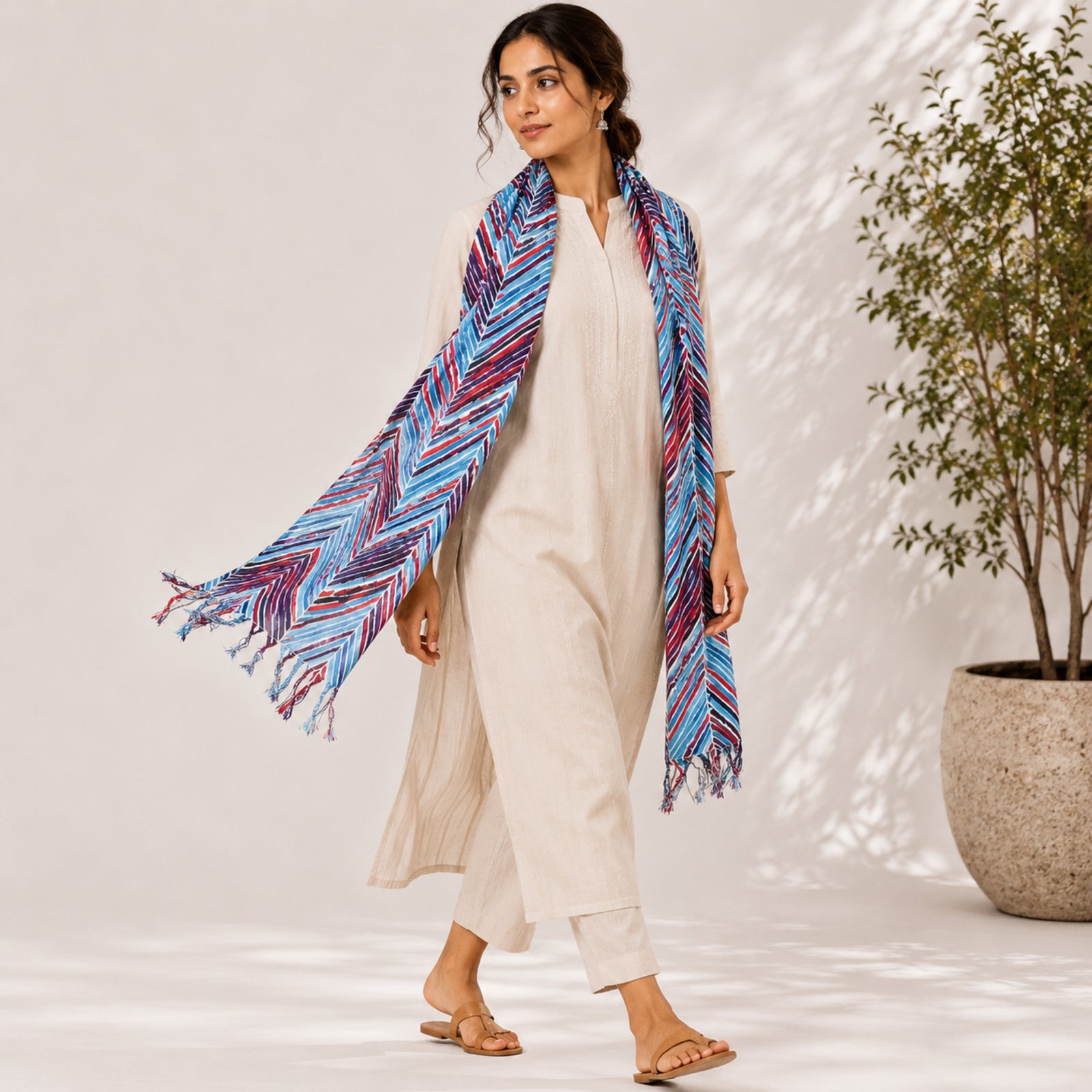 Women's Blue Chevron Striped Tassel Scarf-3