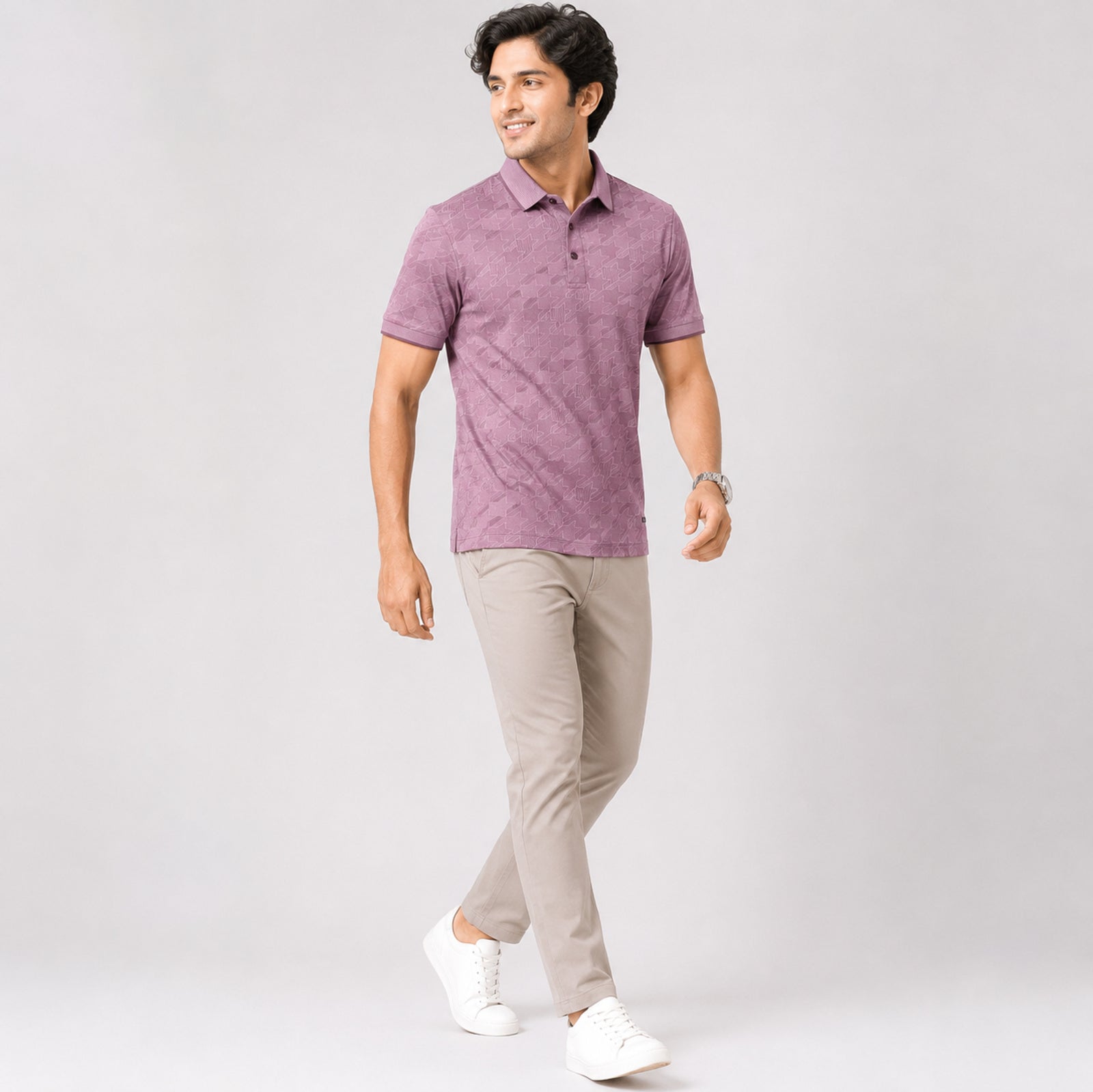 Men's Pink Textured Polo T-Shirt-2
