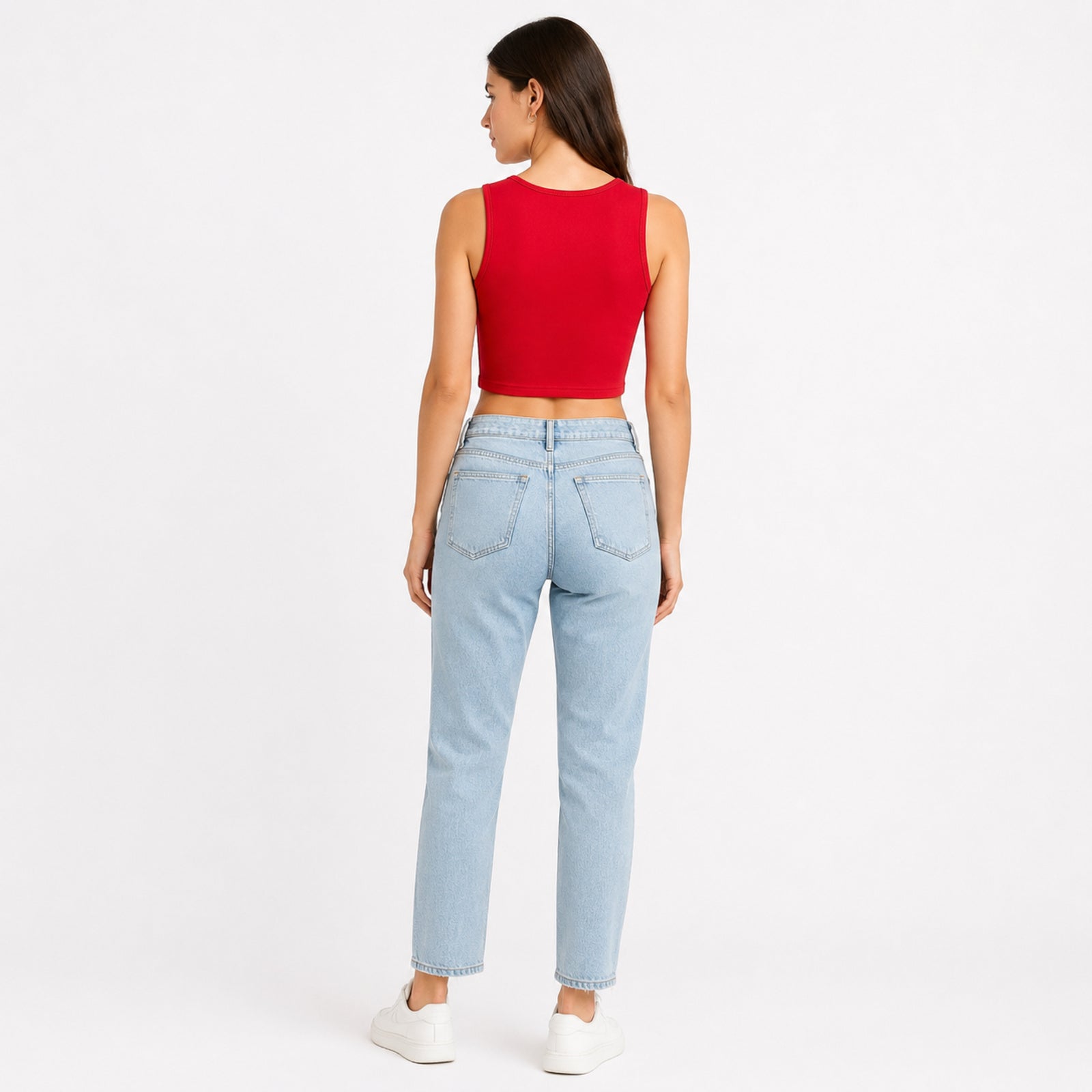 Women's Red V-Neck Sleeveless Fitted Crop Top | Solid Casual Top-4