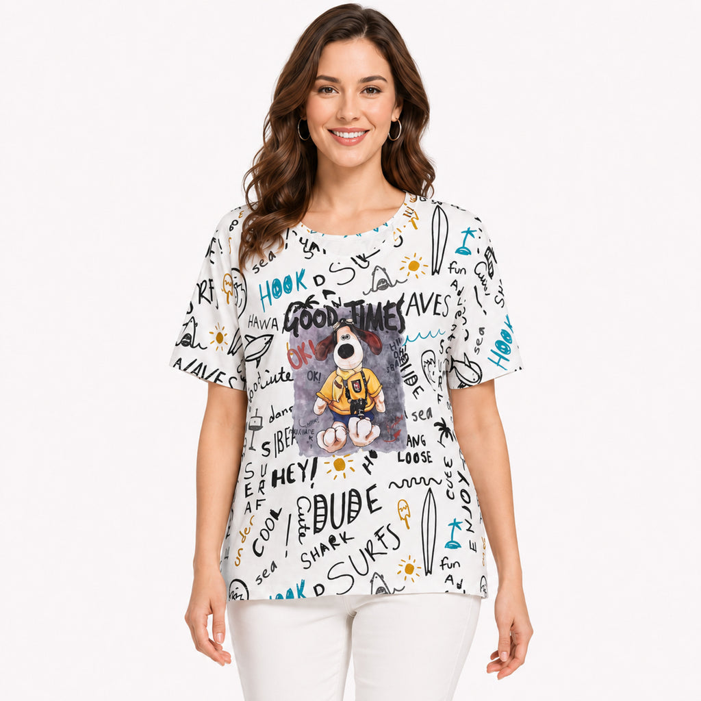 Women's White Graphic Printed Oversized T-Shirt | Casual Round Neck Half Sleeve Tee-3