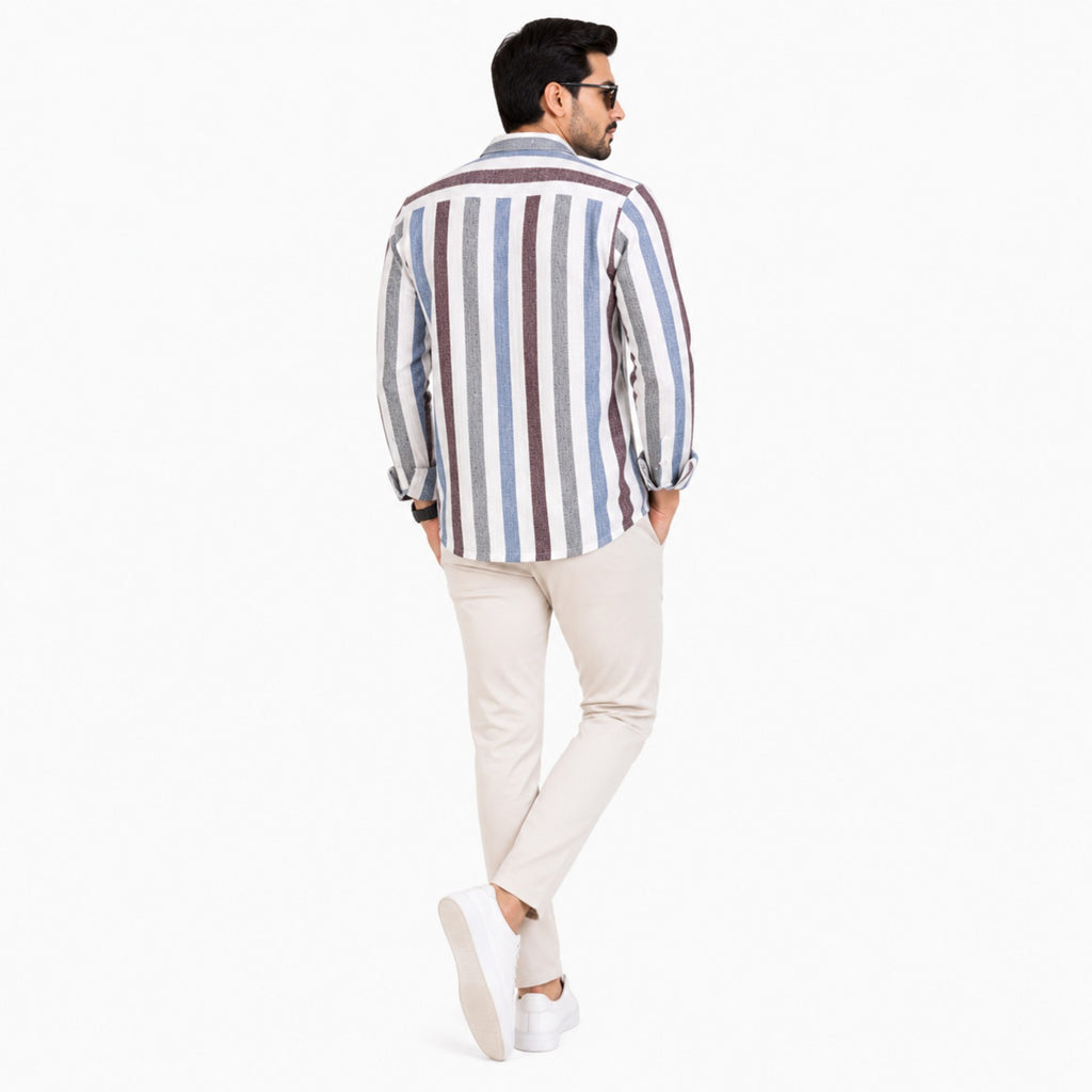Men's Blue & Brown Vertical Stripe Casual Shirt-1