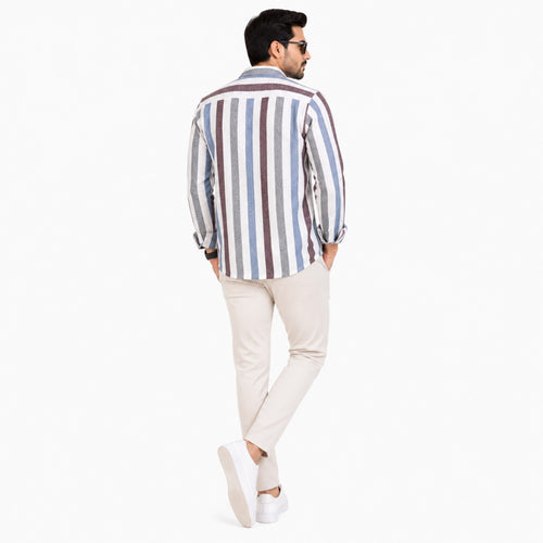Men's Blue & Brown Vertical Stripe Casual Shirt-1