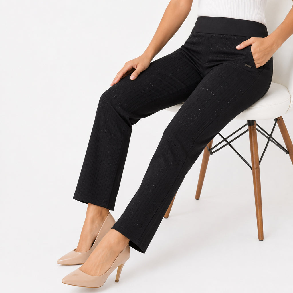 Women's Shimmering Diamond Textured Executive Black Trousers-3