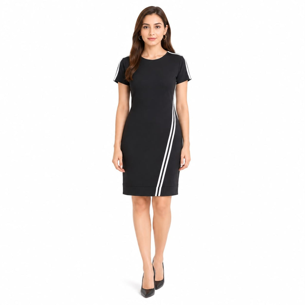 Women's Black Solid Shift Dress with Contrast Side Stripe Detail-1
