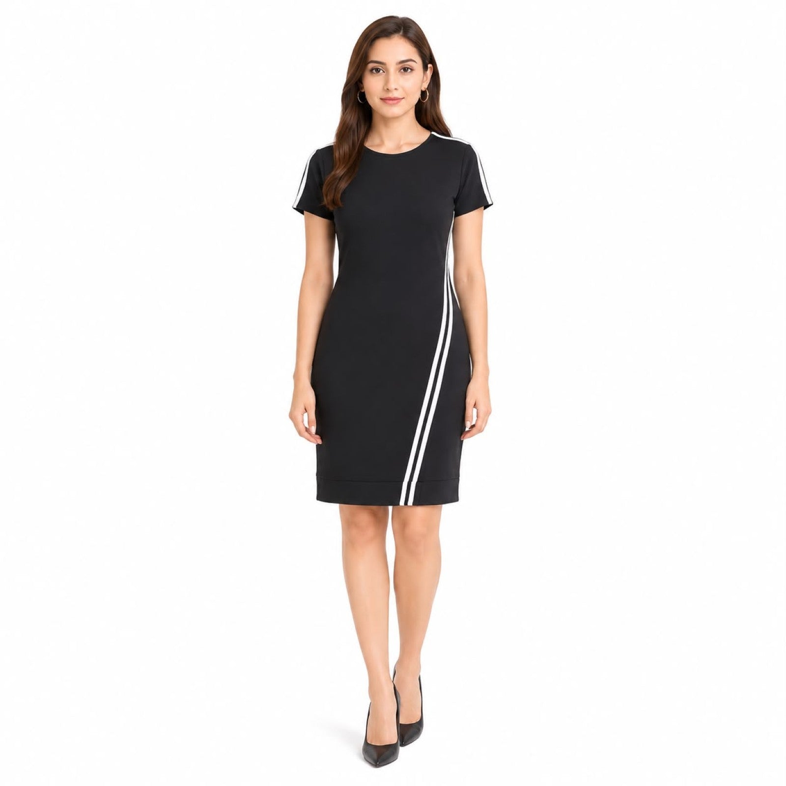 Women's Black Solid Shift Dress with Contrast Side Stripe Detail-1