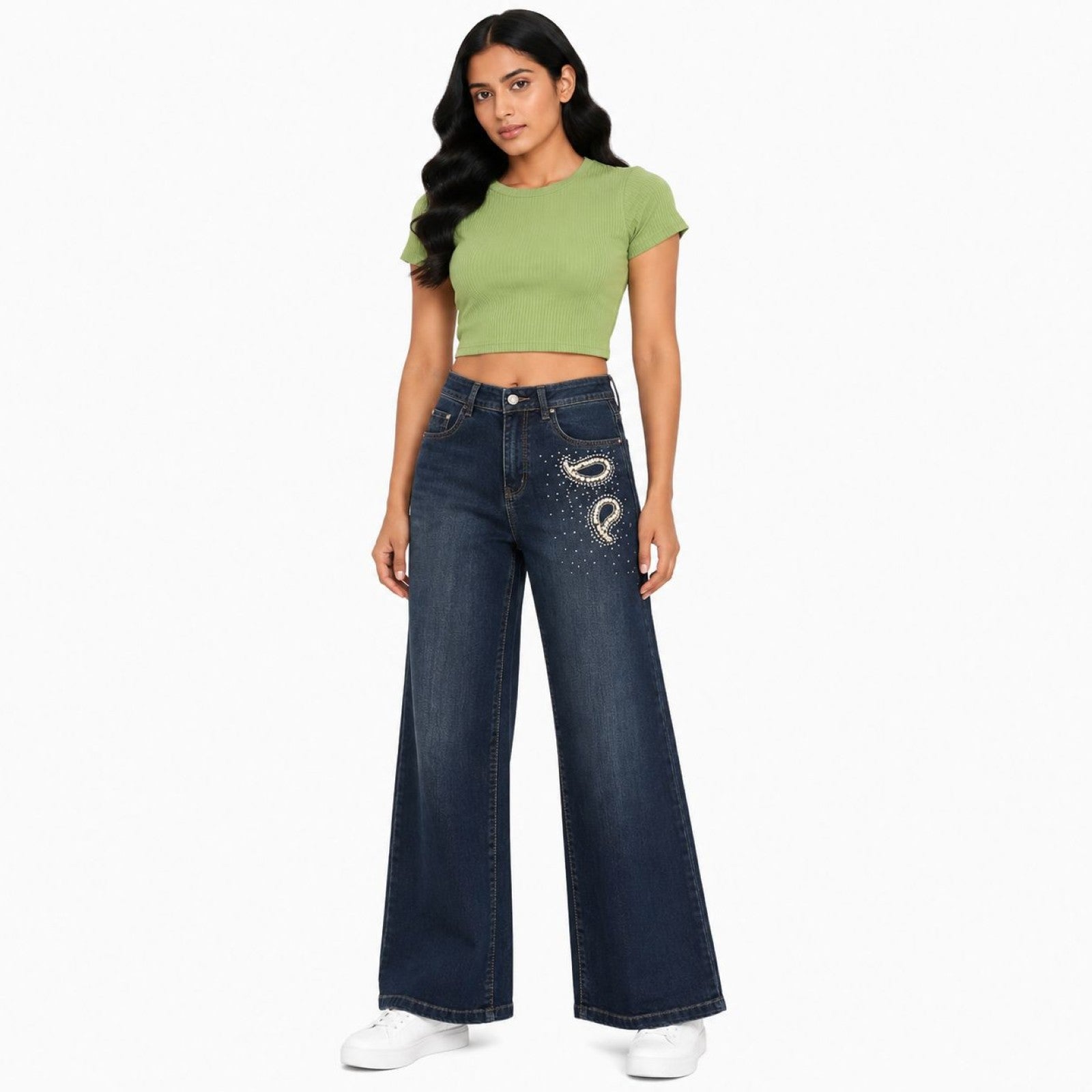 Women's Navy Blue Embellished Ultra Wide Leg Jeans | High-Rise Premium Denim-1