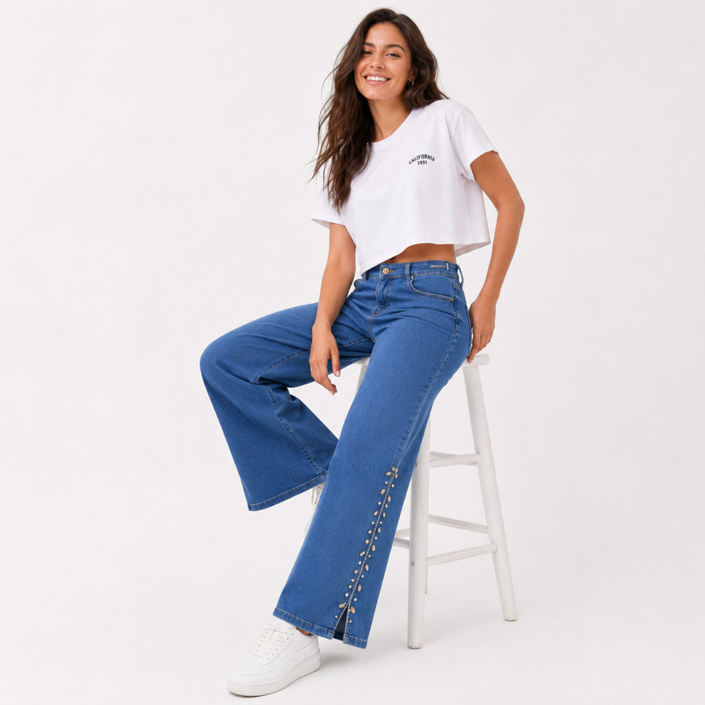 Women's Shimmering Diamond Studded Medium Blue Bootcut Jeans-3