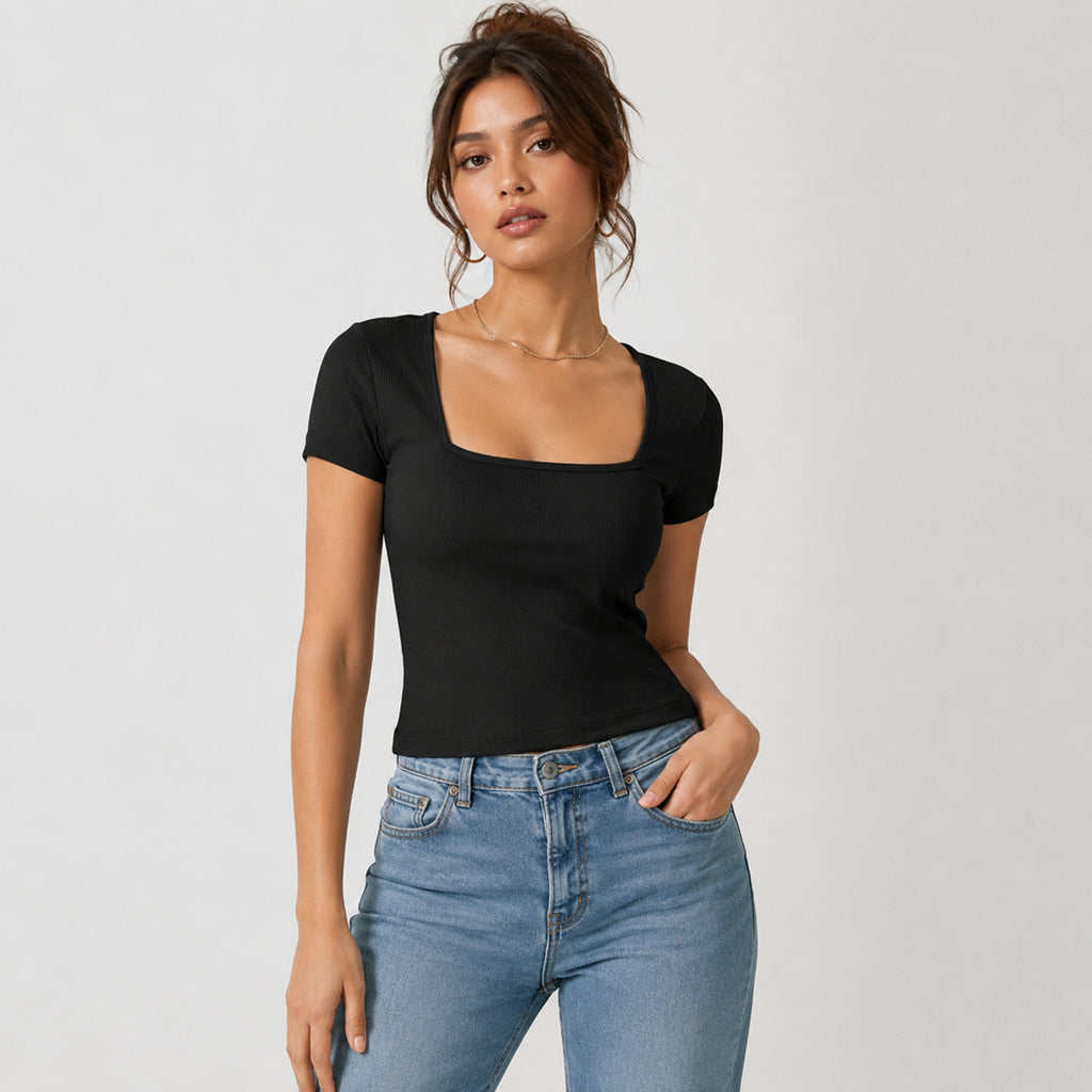 Women's Black Square Neck Ribbed Short Sleeve Top | Sleek Everyday Fitted Tee-2