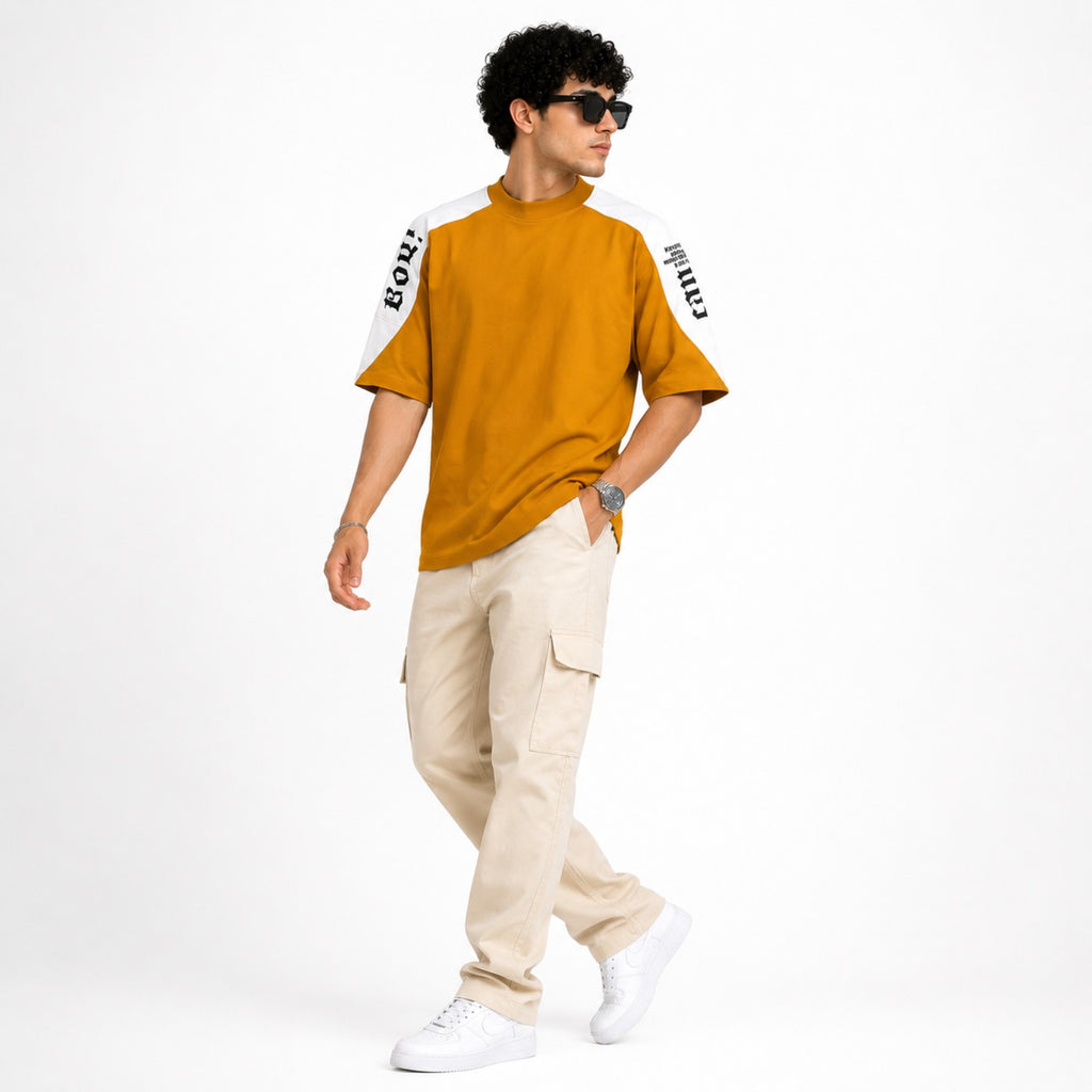 Men's Mustard High Neck Oversized Streetwear T-Shirt-3