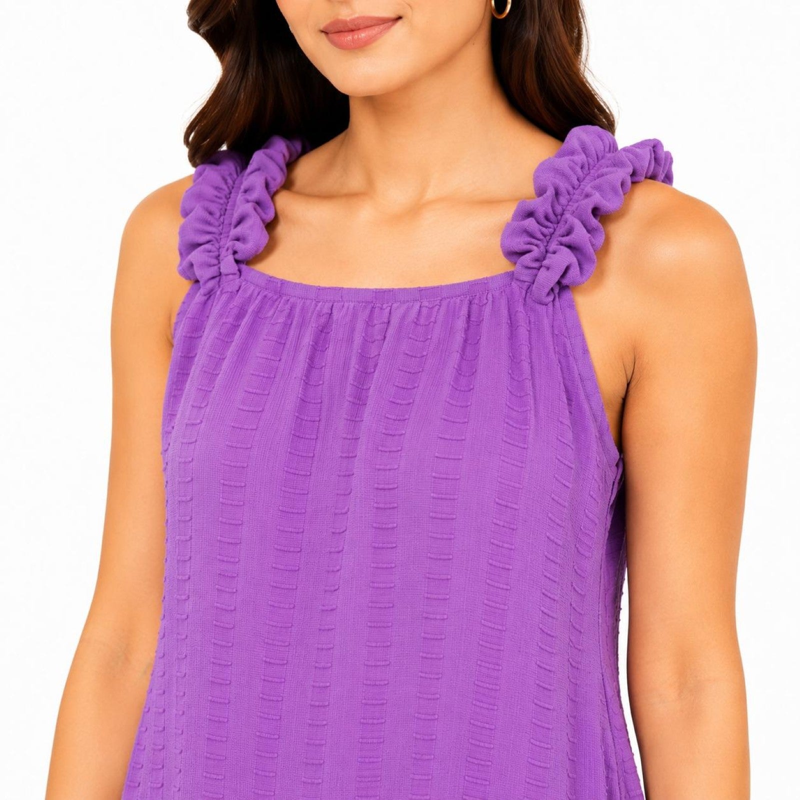 Women's Purple Textured Sleeveless Ruffle Strap A-Line Dress-2