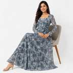 Women's Light Blue Floral Belted Maxi Dress with Sheer Sleeves-3