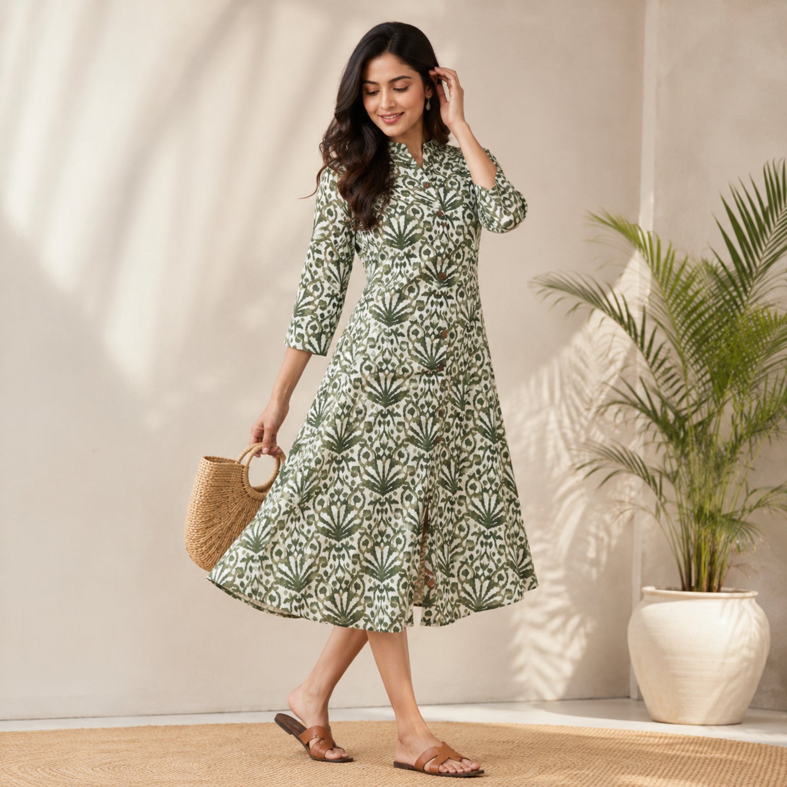 Women's Olive Green Ikat Printed Kurta-2