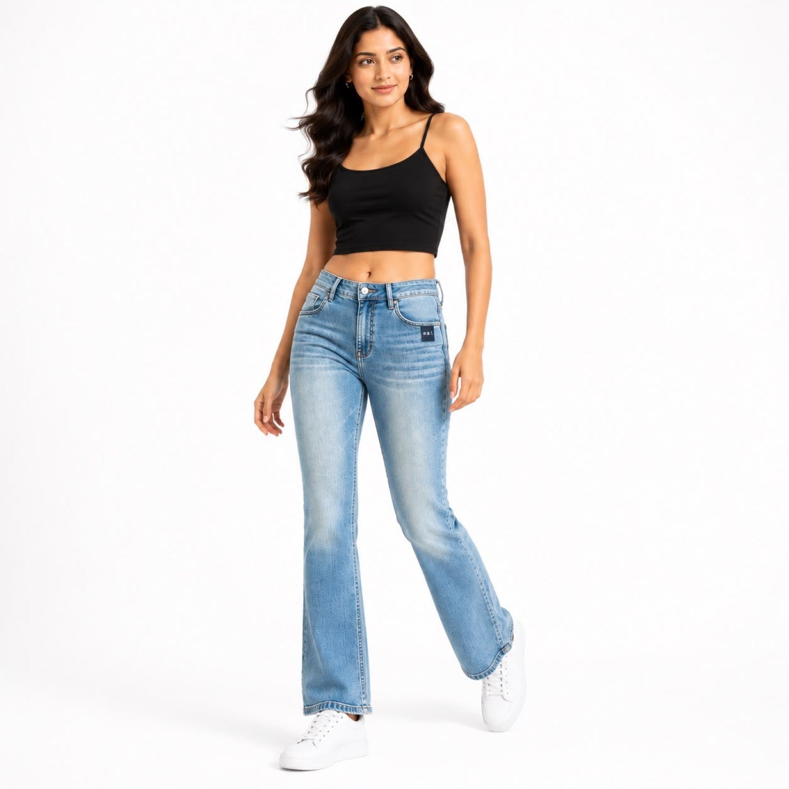 Women's Light Blue High-Rise Flared Denim Jeans with Washed Finish-1