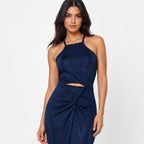 Women's Blue Halter Neck Cut-Out Ruched Maxi Dress | Sleeveless Party Wear Dress-3