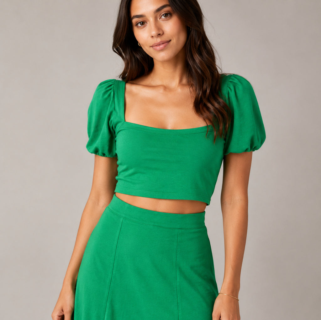 Women's Green Puff Sleeve Crop Top and Midi Skirt Co-Ord Set-1