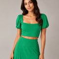 Women's Green Puff Sleeve Crop Top and Midi Skirt Co-Ord Set-1