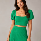 Women's Green Puff Sleeve Crop Top and Midi Skirt Co-Ord Set-1