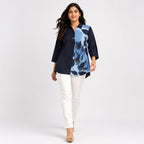 Women's Navy Blue Abstract Leaf Print Tunic Top | Elegant Collared Three-Quarter Sleeve Casual Office Wear Top-3