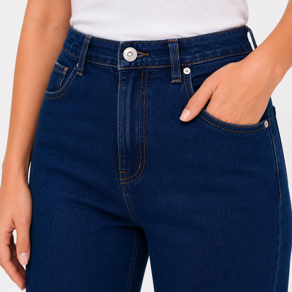 Women's Dark Blue High-Rise Wide Leg Jeans | Solid Stretch Denim Full Length Casual Pants-2