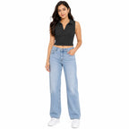 Women's Black Ribbed Sleeveless Collared Crop Top-3