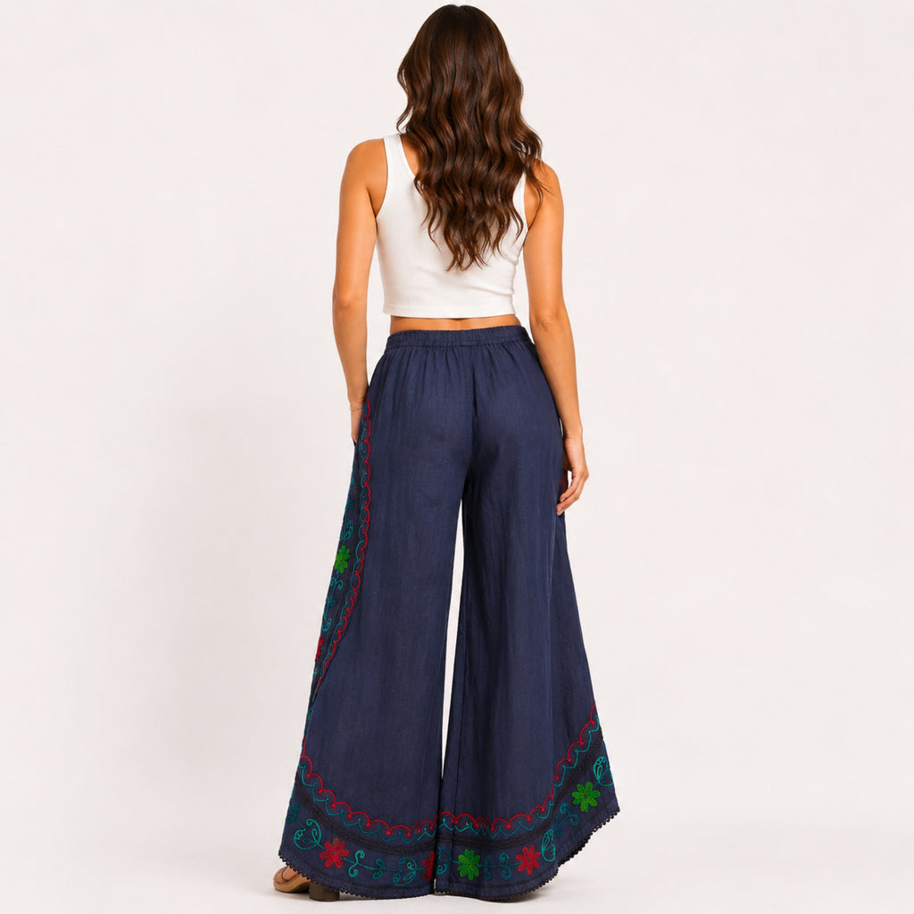 Women's Bohemian Navy Blue Embroidered Wrap palazzo Trousers-4