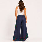 Women's Bohemian Navy Blue Embroidered Wrap palazzo Trousers-4