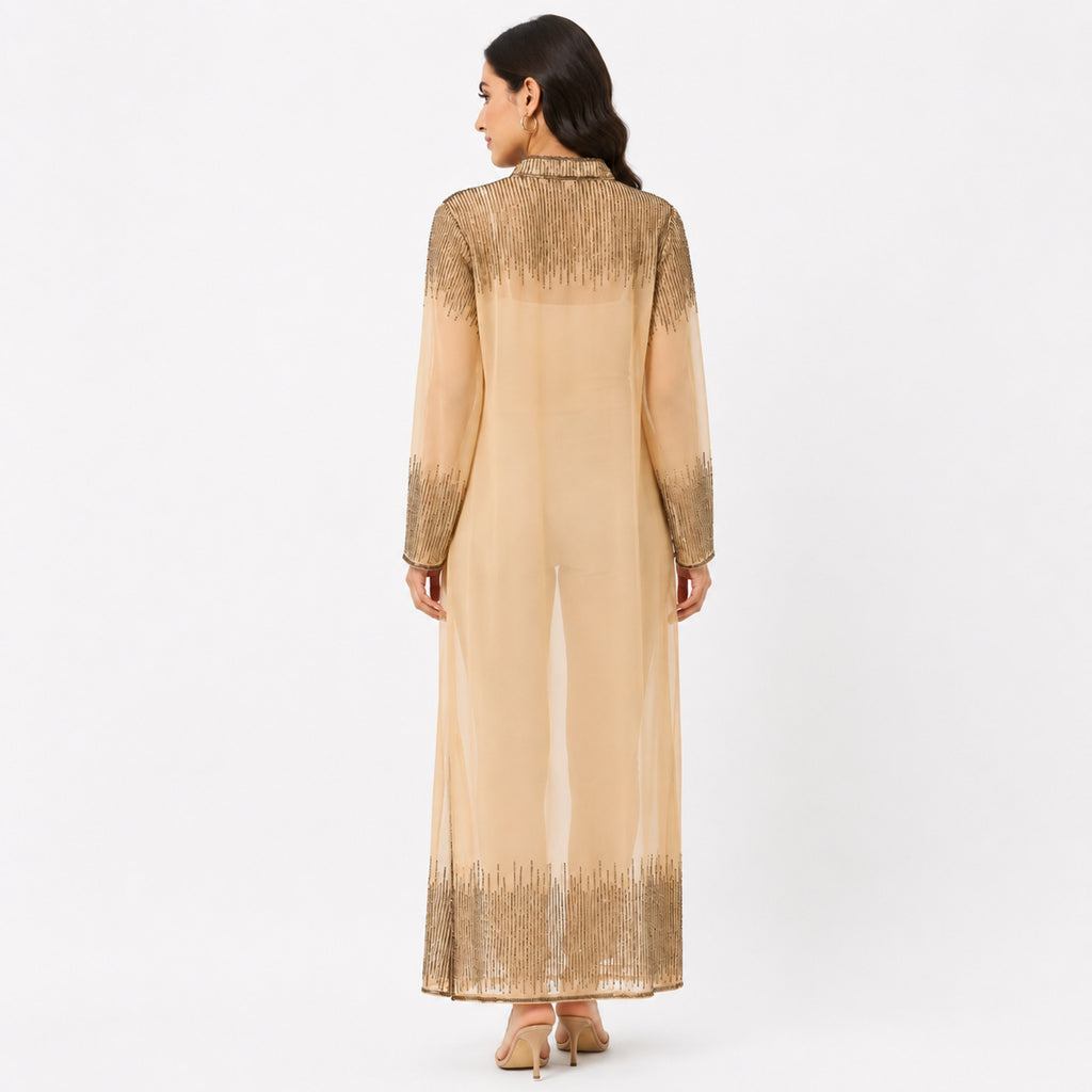 Women's Beige Embellished Sheer Longline Open Front Shrug | Elegant Festive Layering Jacket-4