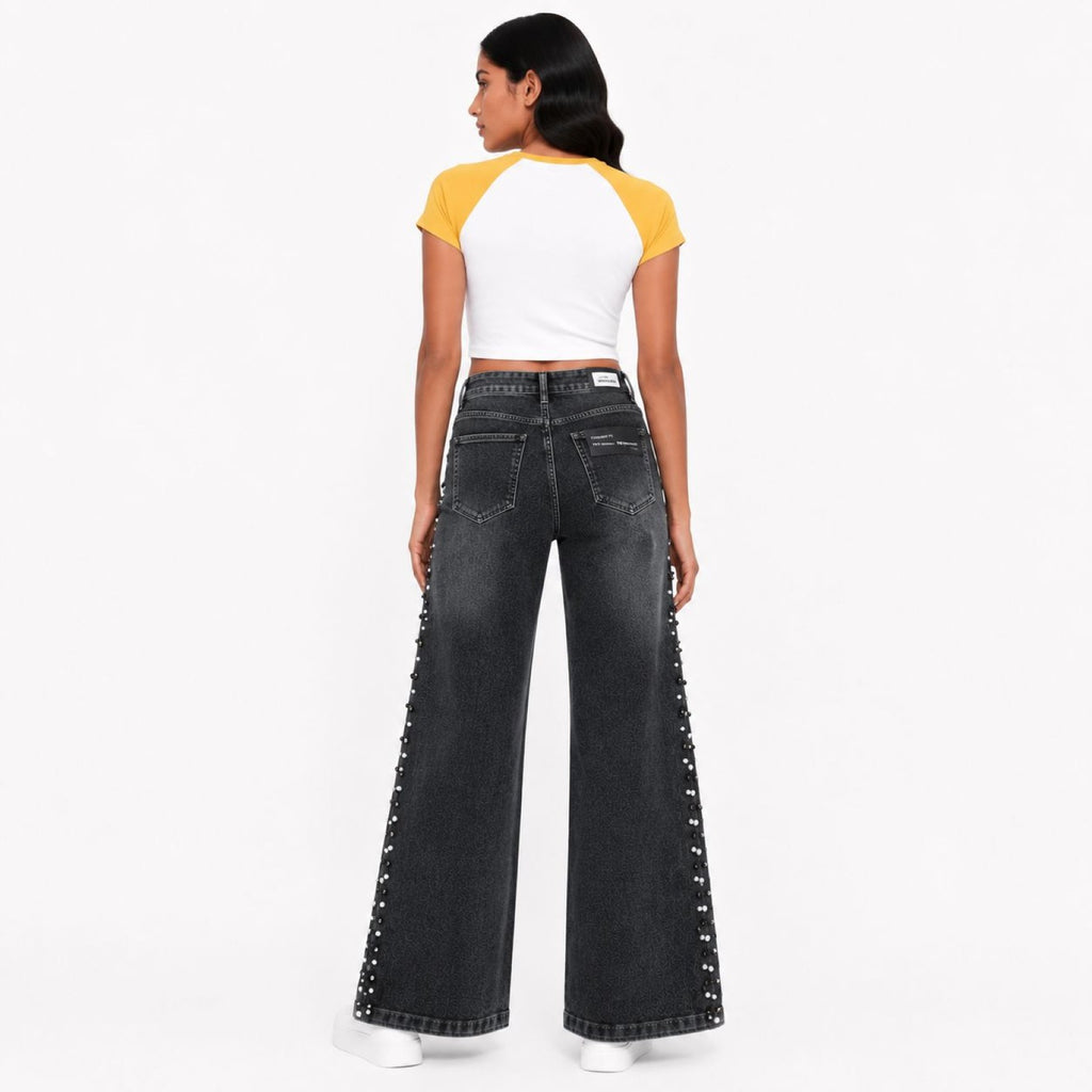 Women's Faded Grey Wide Leg Jeans with Side Stud Detail | High-Rise Premium Denim-4