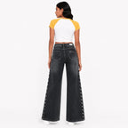 Women's Faded Grey Wide Leg Jeans with Side Stud Detail | High-Rise Premium Denim-4