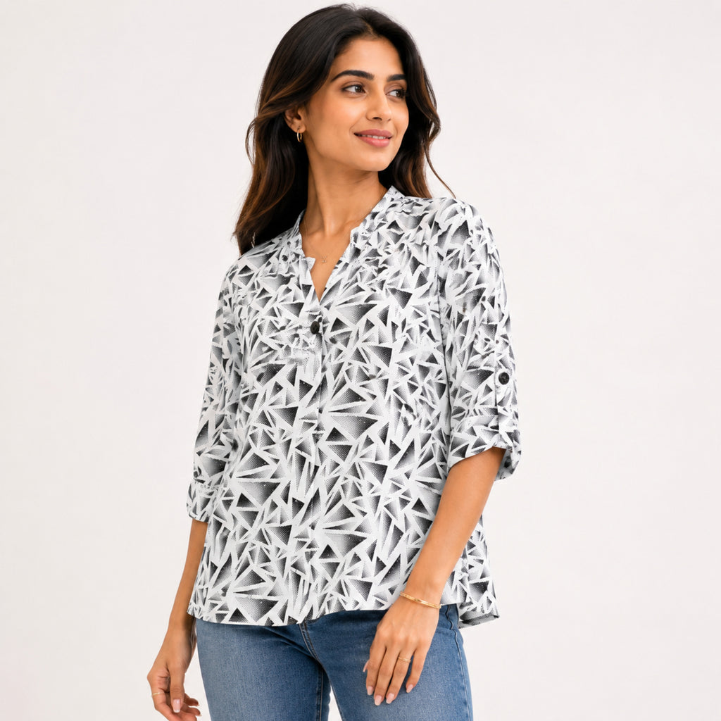 Women's Abstract Geometric Printed White Shirt Top-2