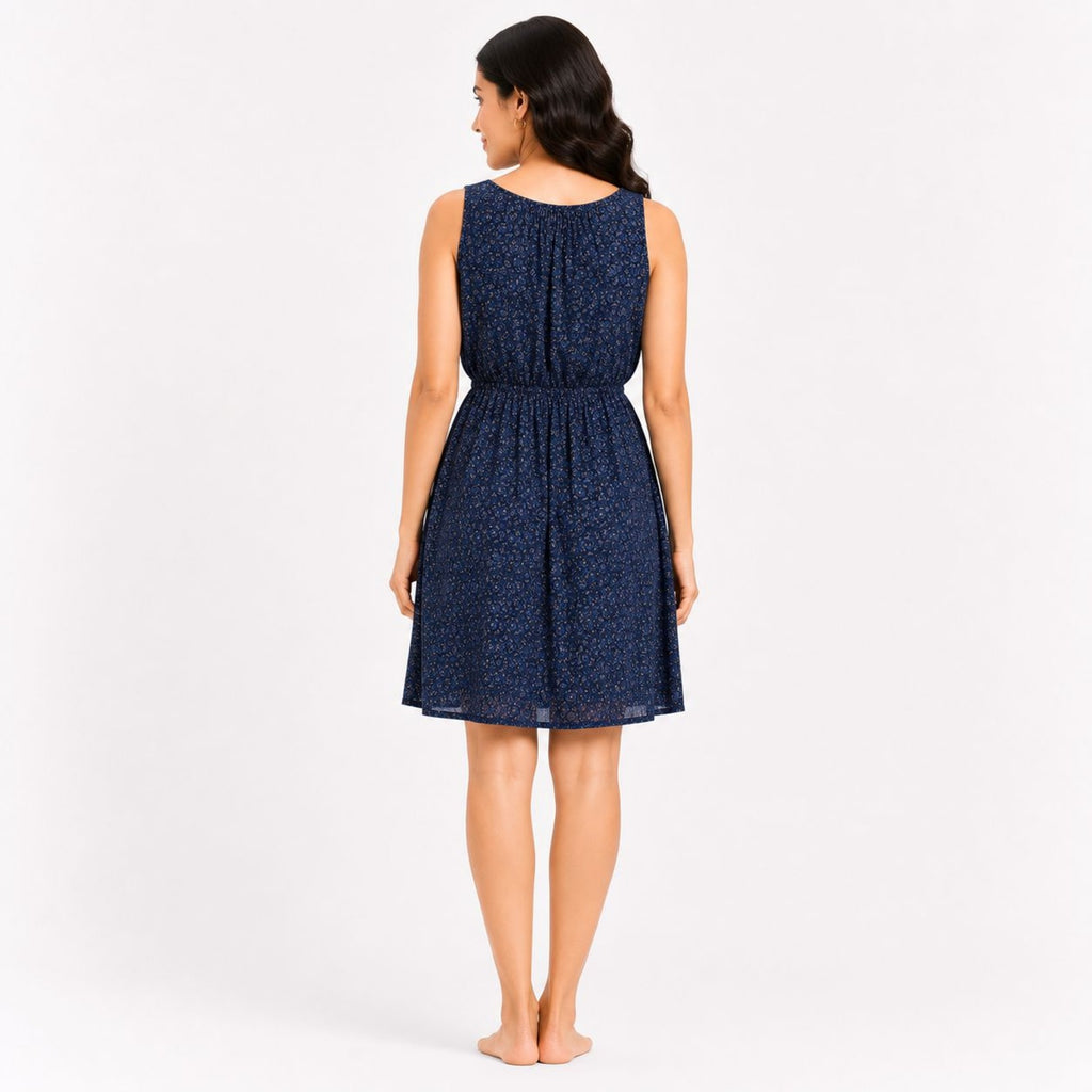Women's Bohemian Chic Dark Navy Blue Floral A-Line One-Piece Dress-3