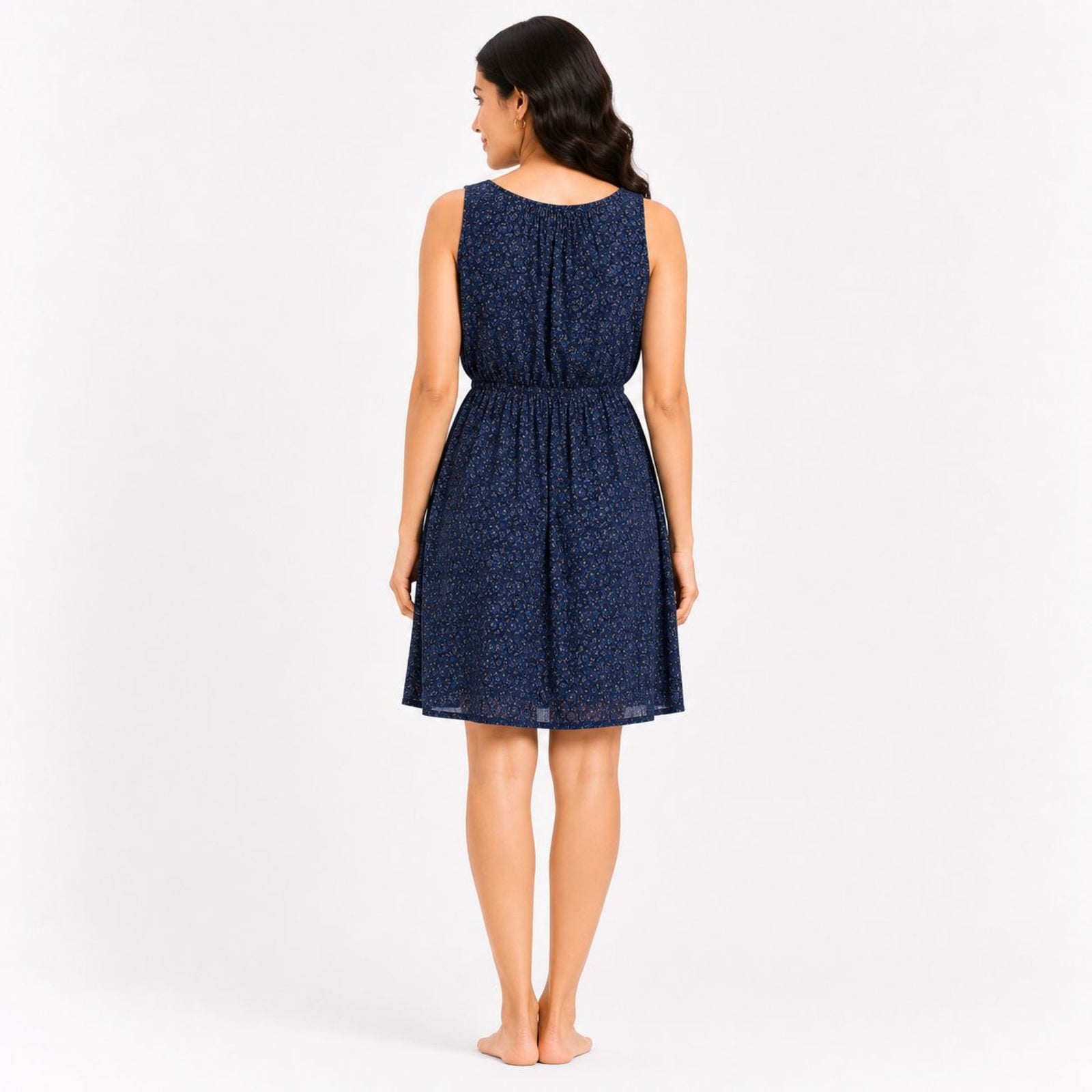 Women's Bohemian Chic Dark Navy Blue Floral A-Line One-Piece Dress-3