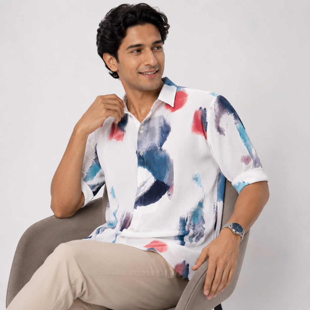 Men's White Abstract Print Half Sleeve Casual Shirt-3