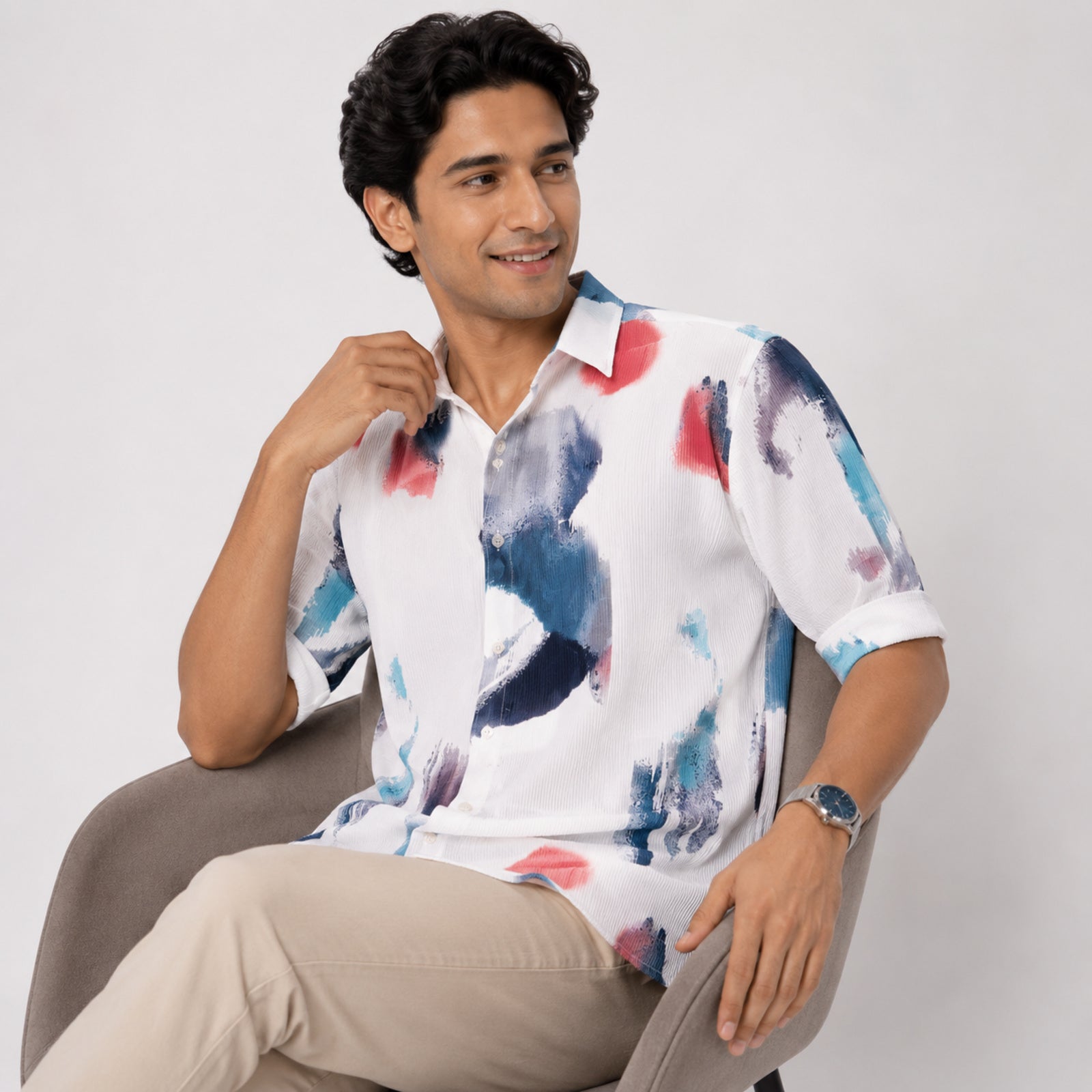 Men's White Abstract Print Half Sleeve Casual Shirt-3