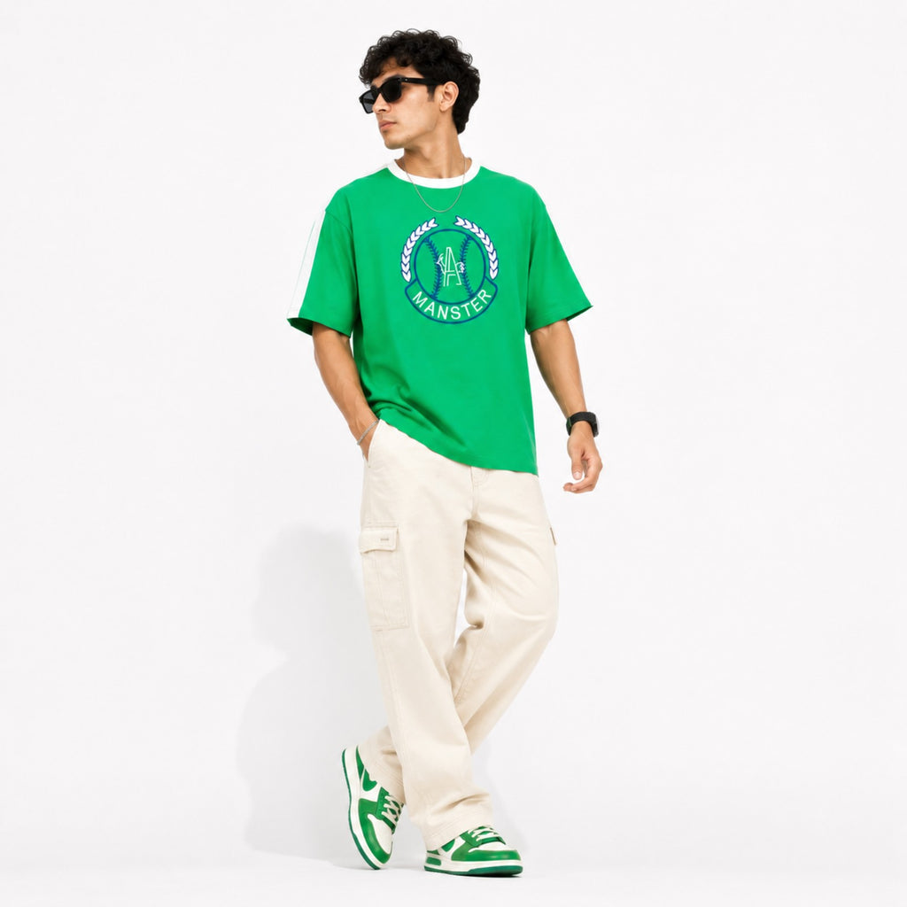 Men's Green Graphic Print Oversized Ringer T-Shirt-4
