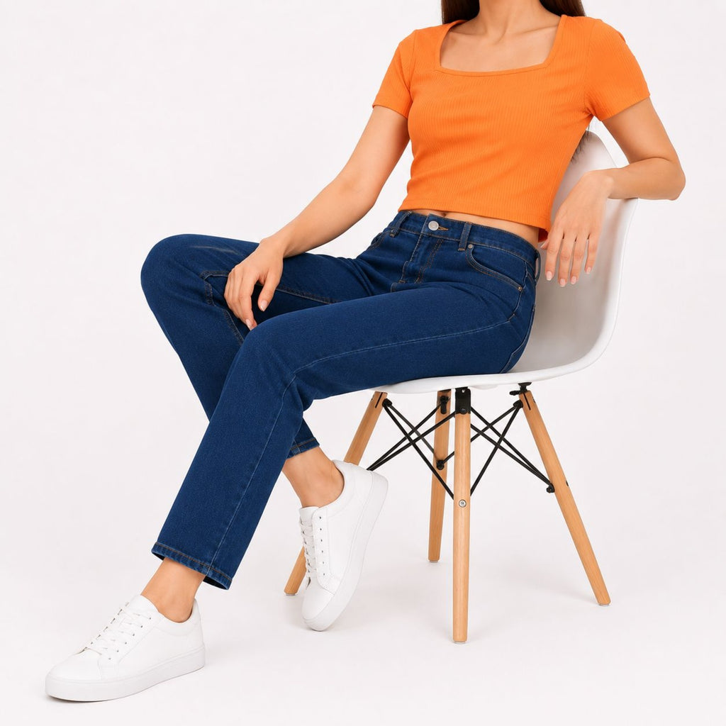 Women's Elite Sunset Orange Ribbed Crop Top with Architectural Square Neckline-3