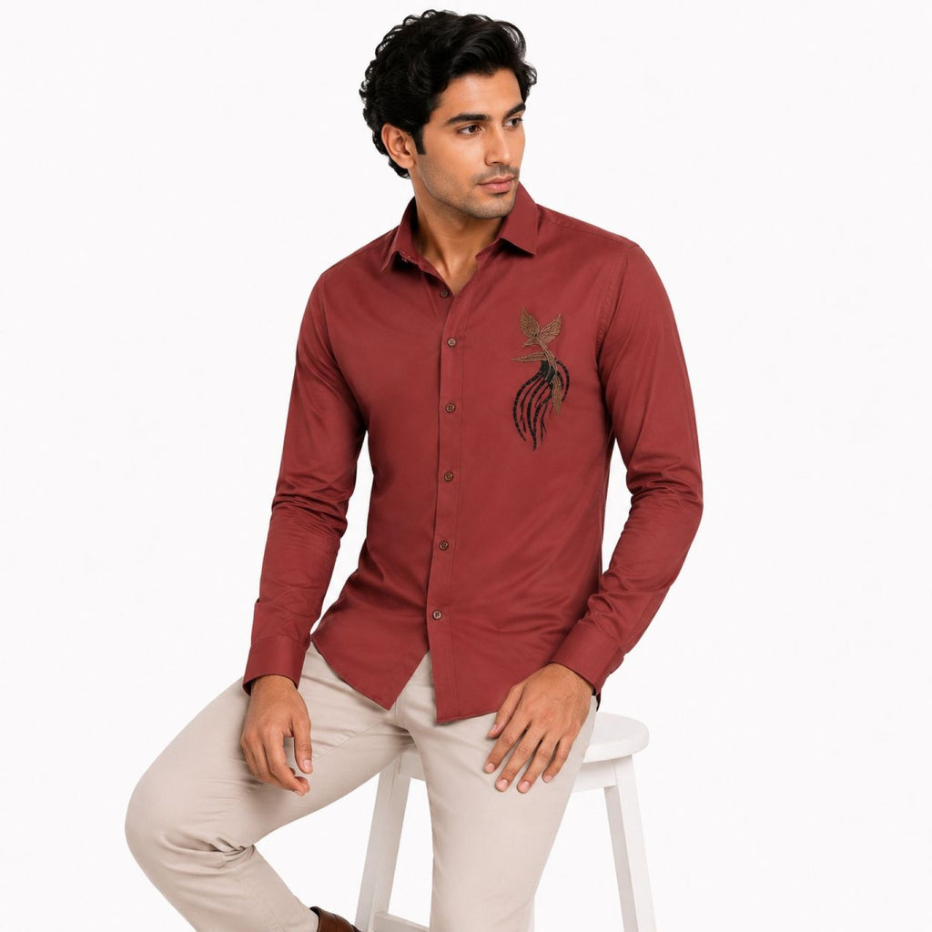 Men's Rust Embroidered Detail Full Sleeve Smart Casual Shirt-3