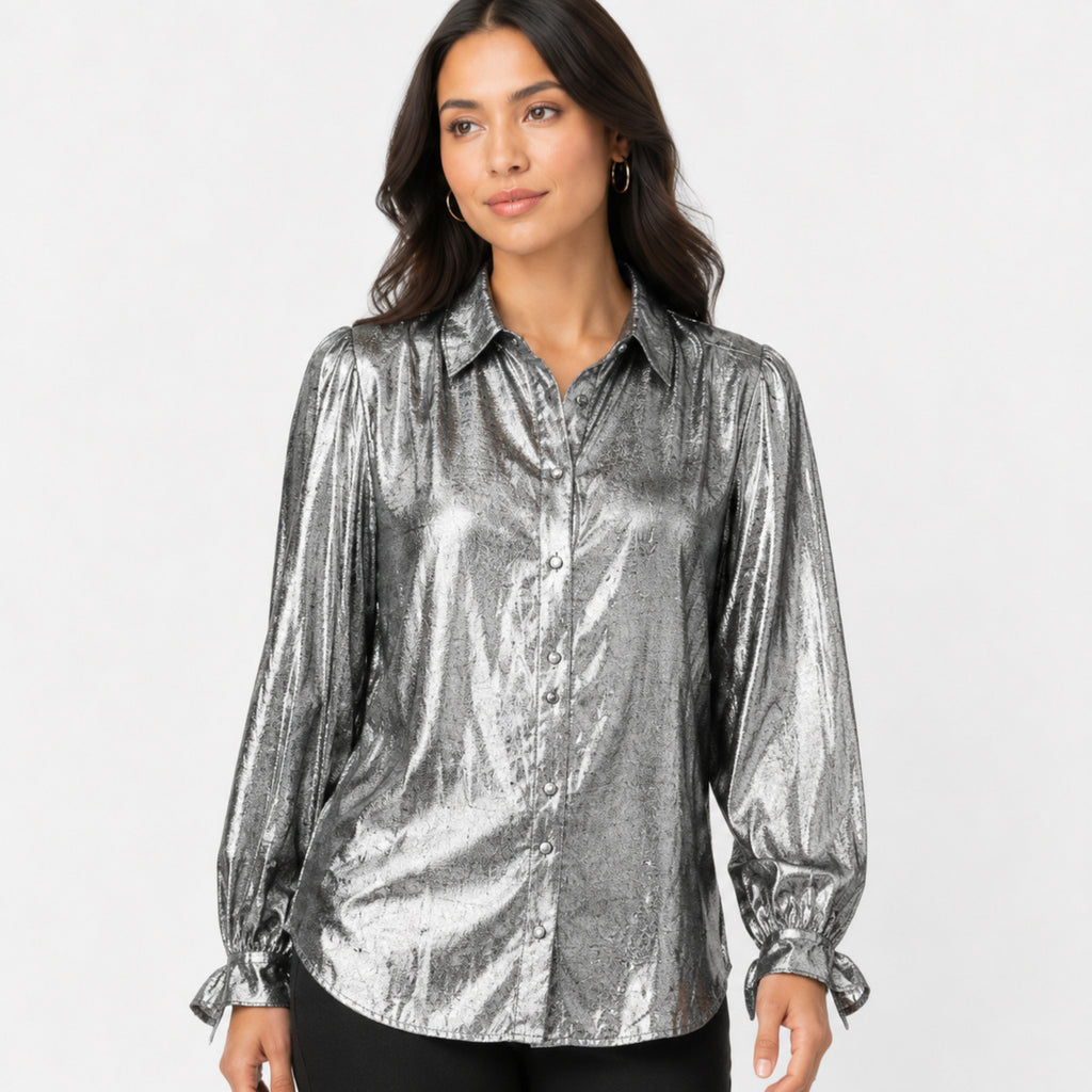 Women's Silver Metallic Button-Down Shirt | Collared Full Sleeve Party & Casual Top-3
